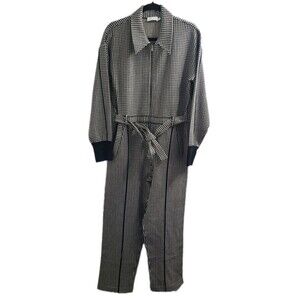 Jonathan Simkhai Annabelle Houndstooth Knit Jumpsuit Belted Zip Front Pockets M